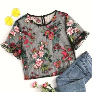 NWOT ✅️ Ruffle Cuff Embroidery Sheer Top